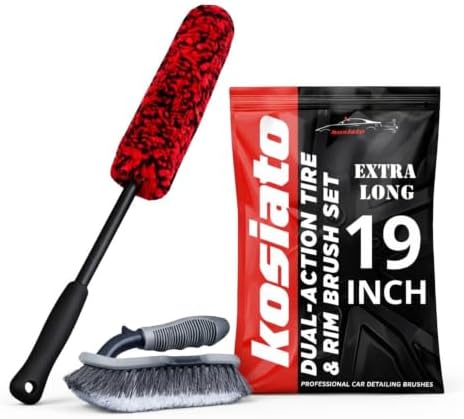 Car Wheel Brush & Wheel Barrel Brush Kit – 19" Soft Non-Scratch Microfiber Rim + Stiff-Bristle Scrubber for Tires, Rubber Mats & Motorcycles – Tire Brushes for Cleaning Tires.