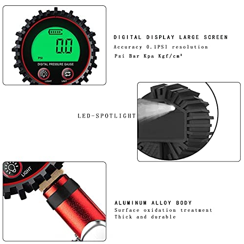 Digital Tire Inflator with Pressure Gauge 255 PSI Air Chuck and Compressor Accessories 0.1 Display Resolution Quick Connect Coupler (A Pack)