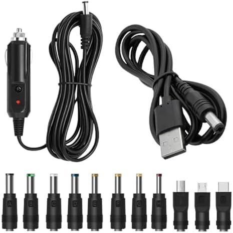 12V Car Charger with 5V DC Power Cable, Universal DC 5.5x2.1mm Plug Power Cord with 11 Connectors, Cigarette Lighter Plug Charging Cable for DVD Player, GPS, Camera, Bluetooth Speaker