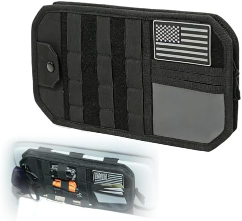 Molle Car Sun Visor Organizer,Tactical Car Accessories with Zipper Storage Pouch & Glasses Clip,Automotive Semi-Rigid Molle Panel for SUVs,Trucks,Cars & Patrol Vehicles(Black)