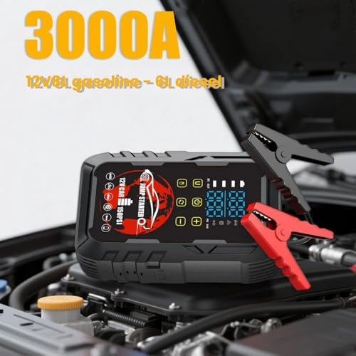 Portable Air Compressor for Car Tires with 3000A Jump Starter, 4-in-1 Emergency Kit with Tire Inflator, Battery Booster, Power Bank & SOS Flashlight, Cordless Electric Pump for Cars, Trucks