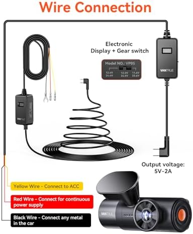 Vantrue USB-C Display Hardwire Kit with 3-Stage, Acc Cable for Dashcam, 11.6/23.6V, 12/24V, 12.4/24.4V to 5V, Fuse Holder with Low Voltage Protection, 24-Hour Parking Mode