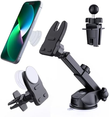 Socket Car Mount for Dashboard Air Vent Windshield,Car Phone Holder for Socket Grip with 2 Mounts,3 in 1 Stable Air Vent Clip Powerful Suction Cup Phone Holder Fit for All Car