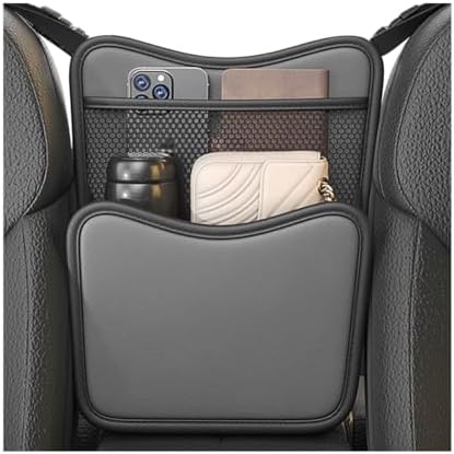 Car Purse Holder Between Seats, Nappa Leather Front Seat Storage Bag with Tissue Holder, Large Capacity Automotive Console Organizer for Document Phone Wallet, Car Accessories (Gray)