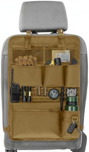 Tactical Car Seat Organizer with Multiple Pockets, MOLLE Panel System & Mesh Compartments, Durable Nylon Universal Vehicle Seat Back Storage with Cup Holder, Water-Resistant (Mud)