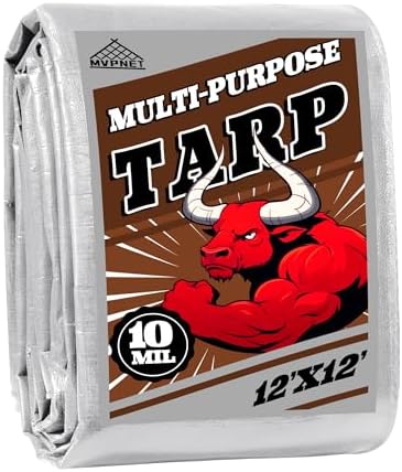 Tarp 12x12 ft Heavy Duty 10mil Silver/Brown 100% Waterproof High Durability Multipurpose Outdoor Tarpaulin,Uv Resistant,for Courtyards,Camping, Canopy, Trailer, Boats, Camping, Etc -by MVPNET