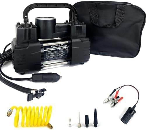 Rapid Inflation Heavy-Duty Portable Dual-Cylinder Tire Inflator with Pressure Gauge - 12V 150PSI Metal Air Compressor (LED Light), Adapters & Storage Bag Included, Fits Cars, RV Tires