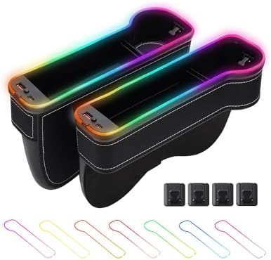 Shademax LED Car Seat Gap Filler Organizer Console Side Storage Box Between Seats with Cup Holders RGB Color Changing Storage Front Seat Gap Filler with USB Charging Car Interior Accessories (2 Pack)