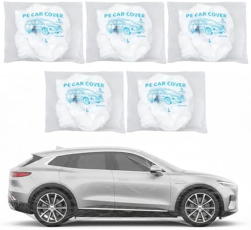 Sibba 5 Pack Disposable Car Covers, Plastic Car Cover Universal Waterproof Clear Cars Covers Vehicle Cars Cover with Elastic Bands for Sedan Outdoor Snow Rain Weather (12.4 ft x 21.6 ft)