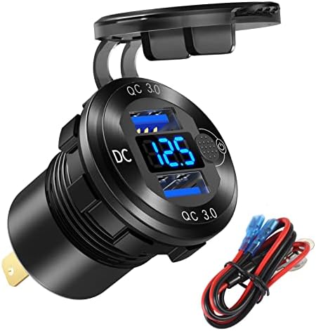 12V/24V USB Outlet Quick Charge 3.0 Dual Port Car Charger Socket with Blue Voltmeter, Waterproof Aluminum Cigarette Lighter USB Charger DIY Kit for Car Marine Motorcycle RV Boat Golf Cart, etc.