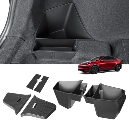 2PCS Rear Trunk Storage Bins with Lids for Tesla Model Y Juniper 5 Seater,TPE Side Cargo Organizer Boxes Rear Trunk Containers for New Tesla Model Y 2025-2026 Accessories