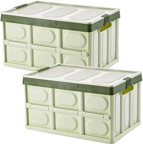 Lidded Storage Bins 2 Pack 30L Collapsible Storage Box Crates Plastic Tote Storage Box Container Stackable Folding Utility Crates for Clothes Books Snack Shoe Bag and Grocery Storage Bin-Green