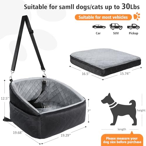 NEEZUKAR Dog Car Seat for Small Dogs,Detachable Washable Dog Booster Seat Under 30lbs, Pet Car Seat Travel Bed with Storage Pockets and Dog Safety Belt (Black/Grey)