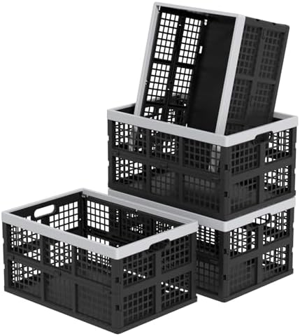 42L Collapsible Milk Crates, 4 Packs Foldable Storage Bins | Heavy-Duty Plastic Stackable Basket Crate, Black Folding Crate for Garage, Car, Pantry Storage