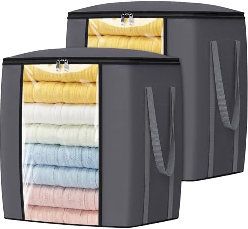 TasticTotes 120L Extra Large Clothes Storage Bags, Foldable Blanket Storage and Organization, Thick Fabric Containers with Reinforced Handles & Zippers for Clothing, Comforters, Bedding, Gray, 2 Pack