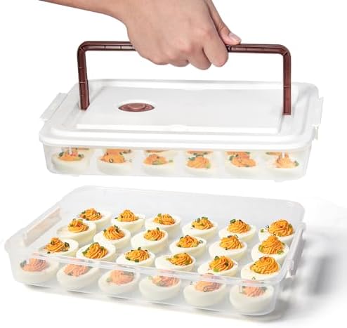 Deviled Egg Containers with Lid, (Set of 2), Plastic Tray Carrier with Handle, Holds Up to 48, Clear Storage Platter for Devil Egg, Portable Fridge Stackable Platter Holder