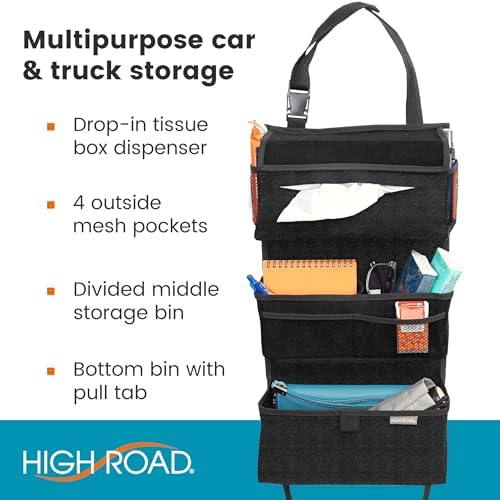 High Road Storage Organizer with Car Tissue Box Holder and Multipurpose Pockets - Back of the Seat or Front Seat Organizer for Driving Essentials - Slim and Compact Car Storage for All Vehicles