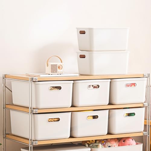 8 pack large plastic Laundry Basket/Hamper with lids and handle,White storage bins Baskets,Organizer Containers for Closet Dorm,Clothes Laundry Room Bedroom, Shelves,home (White, 6M+2S)