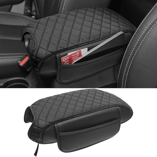 Center Console Armrest Cover Compatible with 2011-2017 Jeep Wrangler JK Accessories Black Leather Arm Rest Lid Protector with Storage Pockets