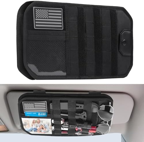 Car Visor Organizer with Zipper Multi-Pockets & Sunglass Holder Molle Car Sun Visor Organizer Universal Fit for Trucks, SUVs, Jeeps & Patrol Vehicles