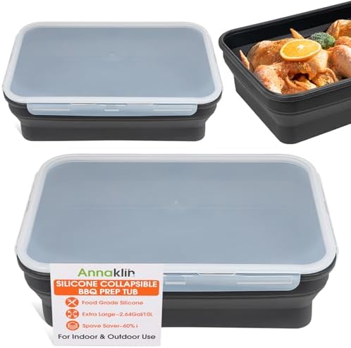 Silicone Collapsible Marinating Container with Lid for Meat, 2.64Gal/10L, 2 Pack Extra Large Collapsible BBQ Prep Tub, Transparent Locking Lid, XL Grill Prep Trays & Carry System, BBQ Must-Have, Black
