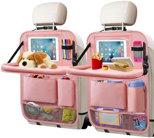 Car Backseat Organizer with Tray, Seat Back Table Holder with 6 Storage Pockets, Car Seat Back Protectors Kick Mats Travel Accessories, 2 Pack Pink