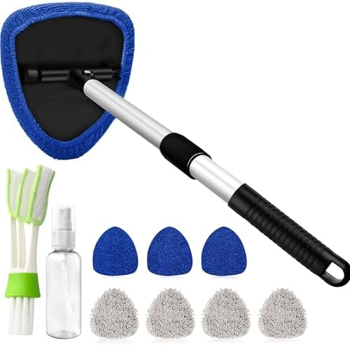 Windshield Cleaner Tool with 180° Rotating Head, Car Window Cleaner Tool with Extendable Handle and 4 Reusable Microfiber Pads, Car Windshield Cleaning Brush for Effortless and Efficient Cleaning