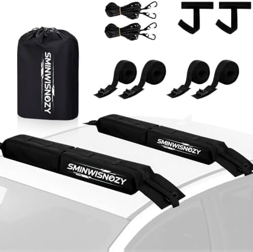 Universal Soft Roof Rack Pads with Two 16 FT Tie-Down Straps, Bow & Stern Ropes, Quick Loops & Storage Bag–Car Roof Rack for Kayak, Surfboard, SUP, Canoe–Fits Cars, SUVs, Sedans & Hatchbacks(1 Pair)