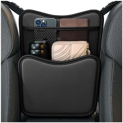 Car Purse Holder Between Seats, Nappa Leather Front Seat Storage Bag with Tissue Holder, Large Capacity Automotive Console Organizer for Document Phone Wallet, Car Accessories (Black)