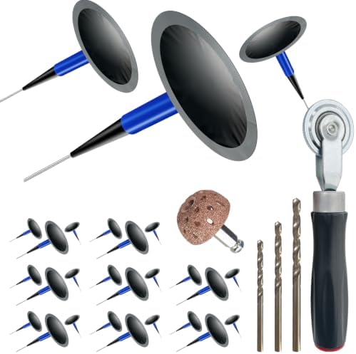 Tire Repair Patch Tool Kit Including 24pcs Tire Patch Plugs, Tungsten Buffing Wheel, Tire Patch Roller with 4mm Twist Drill Bits for Vehicle
