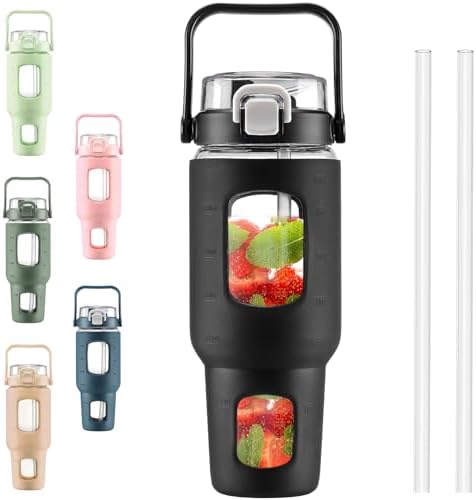 BLUEGO 40 oz Glass Water Bottles with Straw Time Marker, Glass Tumbler with Handle Top Lids, Easy to Clean, Fits in Car Cup Holder, Leakproof Jug for Gym, Sports, Workout & Daily, Black