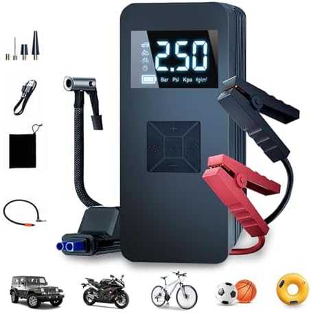 Tire Inflator Portable Air Compressor with Digitally Display Pressure Gauge 20000mA, Car Air Compressor Pump with Jump Starter 150PSI, 14.8 V Car Battery Jump Starter Portable