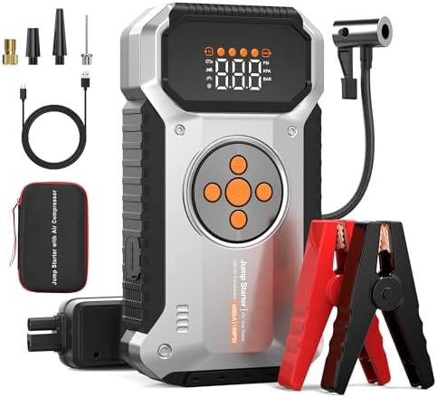 Car Jump Starter with Air Compressor, 4000A 12V Portable Jump Starter (All Gas/9L Diesel), Car Battery Jump Box with 150 PSI Tire Inflator, 3 Modes Flashlight, Storage Case, Jumper Cables