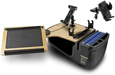 AutoExec Reach Desk Front Seat Car Desk and Portable Workstation with Printer Stand, Tablet Mount and Phone Vent Clip, Natural