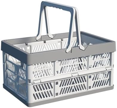 20L Plastic Collapsible Storage Crate - Foldable Handle Crate Storage Basket Bin - White & Gray M