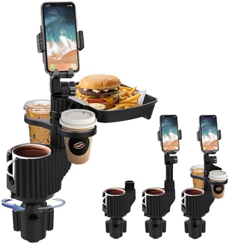 Car Cup Holder Tray - 5 in 1 Adjustable Car Cup Holder Expander with Food Tray Table and Phone Mount for All Purpose, Automotive Essentials for Driver and Front Passenger