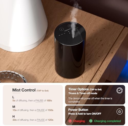 Waterless Essential Oil Diffuser, Battery Operated Aromatherapy Diffuser with 20mL Capacity, Mini Portable Scent Air Diffuser, 3 Countdown Timers & Mist Levels for Home Room Car Office, ANZ Black