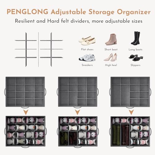 Adjustable Storage Bins for Closet, Wardrobe Clothes Organizer, Shoe Bin, Shoe Organizer, Toys, Closet Storage Solution with Clear Window (Felt Grey 32Pairs, 32Pairs)