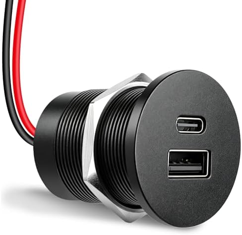 12V USB Outlet Wired USBC Charger Small Size, All Aluminum PD3.0 Type C 30W and QC 3.0 Type A 18W Car Dual Port Socket Fast Charging Station,Cigarette Lighter Replacement for Car Internal (1 PACK)