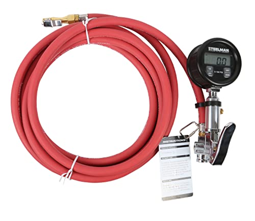 Steelman Digital Pressure Gauge Tire Inflator with 15-Foot Pneumatic Whip Hose, 0-150 PSI, Protective Casing
