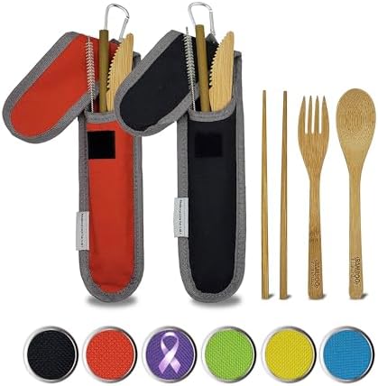 Travel Utensils with Case Set Fork, Knife, Spoon, Chopsticks, Straw, Straw-cleaning brush, Travel Pouch and Carabiner, Excellent For Everyday Use! ((2 Sets) Midnight Black/Sunset Red)