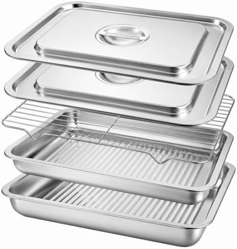 Grilling Prep and Serve Tray Set with Lids, Set of 5 Food Prep System, Includes Stackable Stainless Steel BBQ Trays, Deep Marinating Container and Raised Racks for Marinating, Carrying & Serving