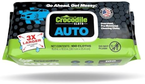 Crocodile Cloth Auto Cleaning Wipes – 100 XL (15" x 10") Disposable Wipes for Car Engine Degreasing, Body Detailing & Tire Cleaning – Cuts Grease, Oil, Adhesives on Hands, Tools, Parts & More