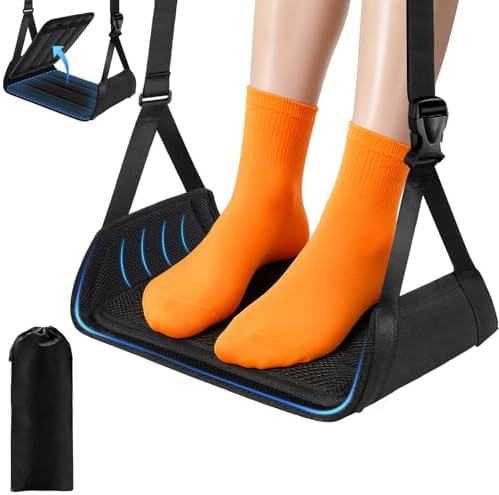 ExploreBliss Airplane Foot Rest - Lightweight Foot Hammock for Plane Travel with Adjustable Strap & Thick Board, Tray Table Under Desk Footrest to Relax Feet, Travel Essentials for Long Flights(Black)