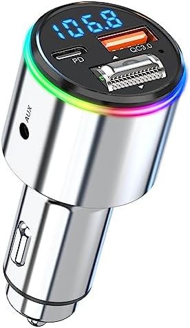 Upgraded V5.3 FM Bluetooth Transmitter Car, Full Metal Bluetooth Car Adapter, Hi-Fi Bass Sound, PD 30W & QC 18W, Handsfree Calls, 7 LED Colors, AUX Output