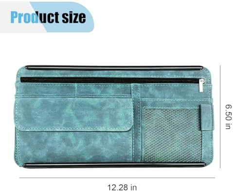 Car Sun Visor Organizer, Car Storage Pouch Holder with Multi-Pocket Net Zipper, Suede Note Holder Car Visor Storage Organizer with Glasses Case, Sunglass Holder for Car Interior Accessories (Blue)