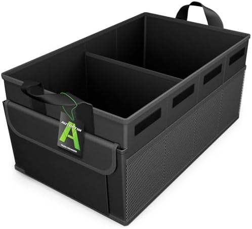 AUTOPTIM Car Trunk Organizer - 65L Collapsible Car Organizer with Non Slip Bottom & Multiple Pockets for Groceries, Trunk Storage with Base Panel for SUV Sedan Van, 2 Compartments (Black, Large)