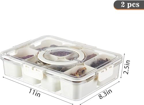 2Pack Divided Veggie Tray with Lid and Handle 8 Compartment Serving Tray with Dividers Portable Travel Snack Containers Stackable Snackle Box Charcuterie Container for Fruit,Vegetable,Salad