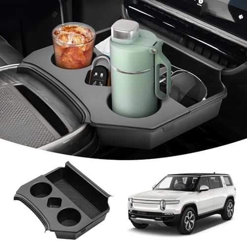 Karltys 2 in 1 Center Console Organizer Dining Tray with Cup Holder for Rivian R1S R1T Accessories 2022-2025 2026, 2 Layer Storage Box with Detachable Drink Holder & Anti-Slip Silicone Mat