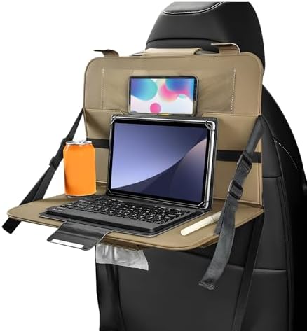 Car Steering Wheel Tray, Foldable Car Laptop Desk Eating Food Tray with Transparent Holder & Tissue Box, Adjustable Back Seat Headrest Table for in-Car Dining Working Studying (Beige)